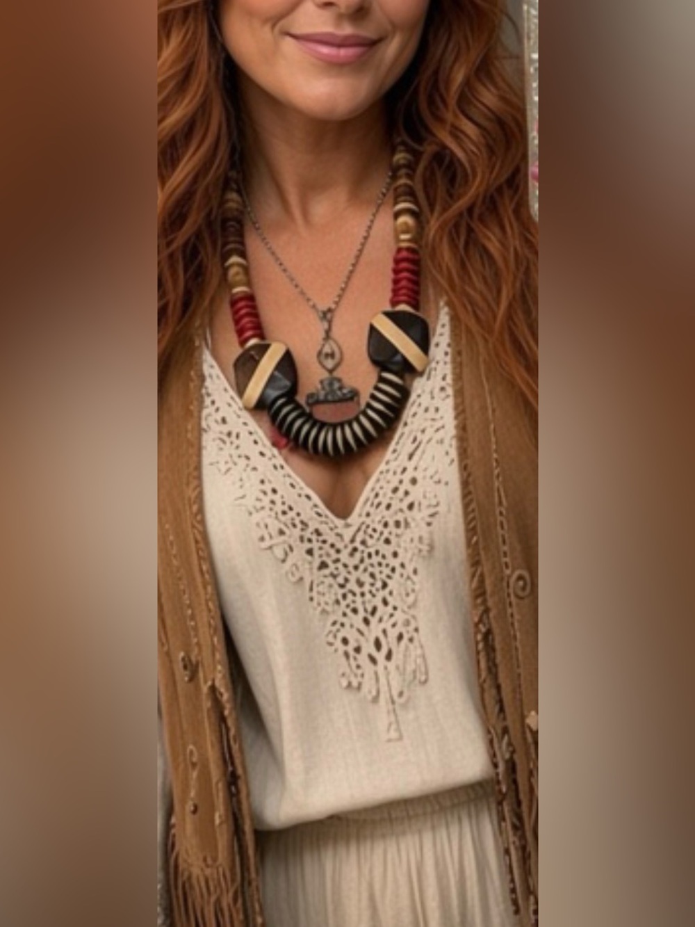 Vintage Boho Chunky Statement Necklace made from Coconut Shells-Wood-Resort Ware - Picture 4 of 17